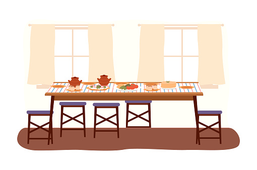 The dining room design flat vector illustration. Dining table with food and chairs nearby