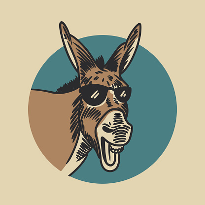 the donkey laughing and wearing glasses in the background of a blue circle vintage illustration
