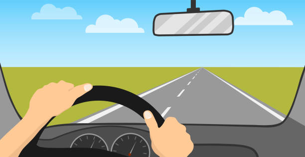 The driver is driving a car. The driver rides on the road. Vehicle interior. Cartoon illustration of a car driving concept. Vector. The driver is driving a car. The driver rides on the road. Vehicle interior. Cartoon illustration of a car driving concept. Vector. driving stock illustrations