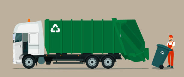 ilustrações, clipart, desenhos animados e ícones de o motorista carrega um recipiente de lixo no caminhão de lixo. ilustração de estilo plano vetorial. - gari