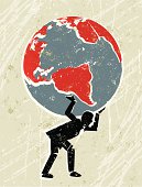 Atlas! A stylized vector cartoon of a business man carrying the Earth,reminiscent of an old screen print poster and suggesting Atlas, the weight of the world, under pressure, strain, or strength. Globe, man,paper texture and background are on different layers for easy editing. Please note: clipping paths have been used, an eps version is included without the path.