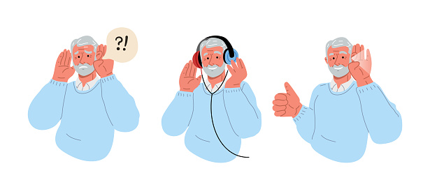 The elderly man is deaf.Hearing exam for seniors.Vector flat illustration.