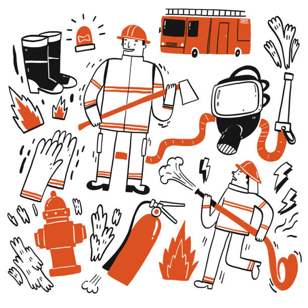 ilustraciones, imágenes clip art, dibujos animados e iconos de stock de el elemento dibujado a mano de la lucha contra el fuego - firefighters