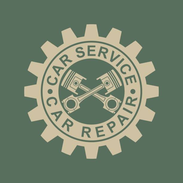 The emblem of service and repair. Color illustration of pistons and gear with text Illustration advertises car repair and service garage backgrounds stock illustrations