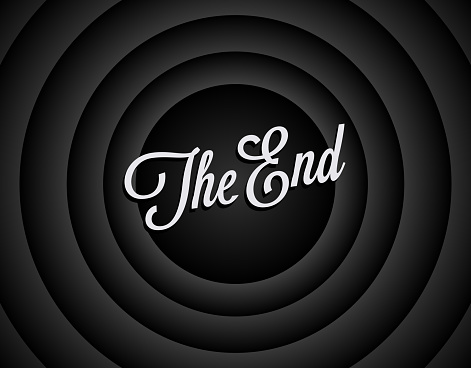 The end black and white screen background. Movie ending screen background. The end of movie or film or video. Vintage styled vector illustration.