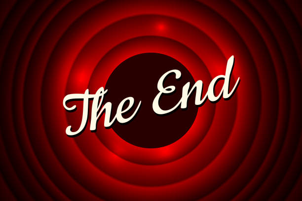 The End handwrite title on red round bacground. Old movie ending screen. Vector illustration The End handwrite title on red round bacground. Old cinema movie ending screen. Vector illustration EPS10 the end stock illustrations