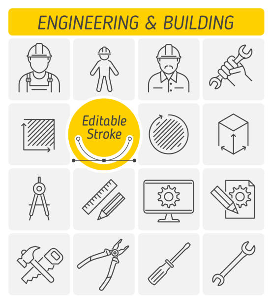 The engineering and building outline vector icon set. The engineering and building outline icon set. The repair, construction, industrial tools. The worker and engineer in a hard hat and helmet symbols. Thin linear vector icons with editable strokes. mechanic drawings stock illustrations