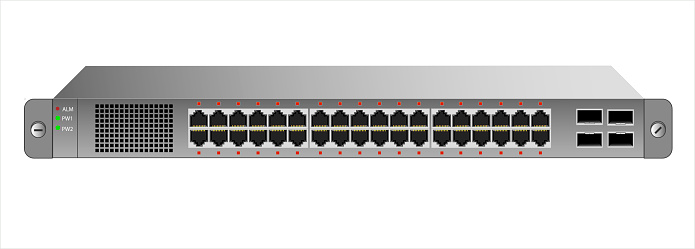 The Ethernet 1U switch for mounting with a 19-inch rack with 28 ports, including four backbones.