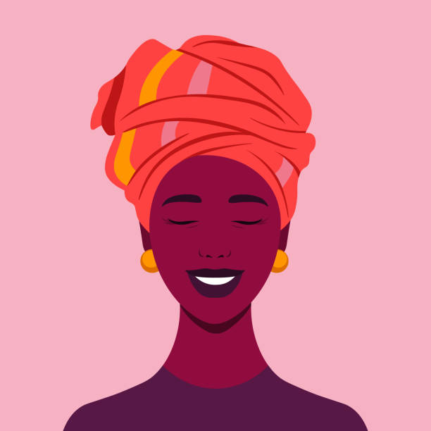 ilustraciones, imágenes clip art, dibujos animados e iconos de stock de la cara de una chica africana feliz. avatar de una mujer risueña. - accesorio de cabeza