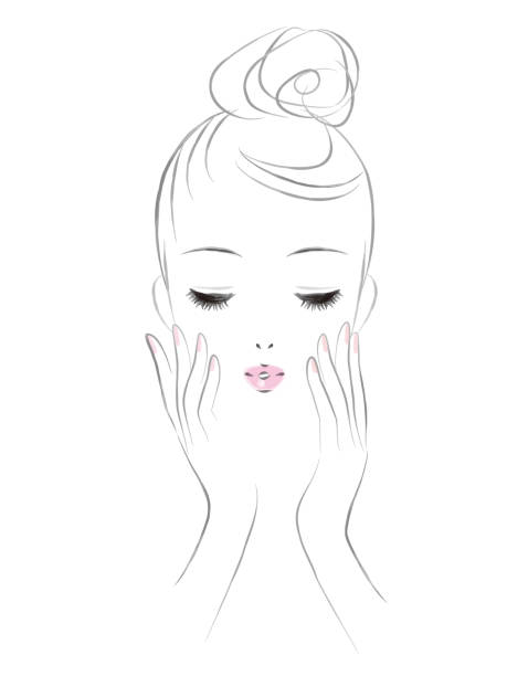 ilustraciones, imágenes clip art, dibujos animados e iconos de stock de la cara de una mujer en el cuidado de la piel. imagen de la belleza. - maquillaje kawaii