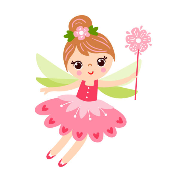 The fairy is cast on a white background and holds a magic wand . The fairy is cast on a white background and holds a magic wand in her hands. butterfly fairy flower white background stock illustrations