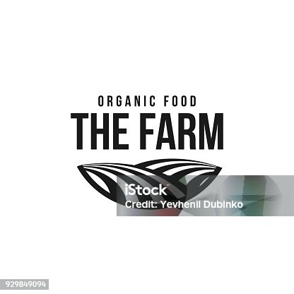 istock The farm icon template. Meadow silhouette, land symbol with horizon in perspective. Farm food badge 929849094