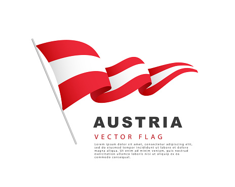 The flag of Austria hangs from a flagpole and flutters in the wind. Vector illustration isolated on white background.