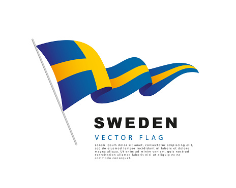 The flag of Sweden hangs from a flagpole and flutters in the wind. Vector illustration isolated on white background.