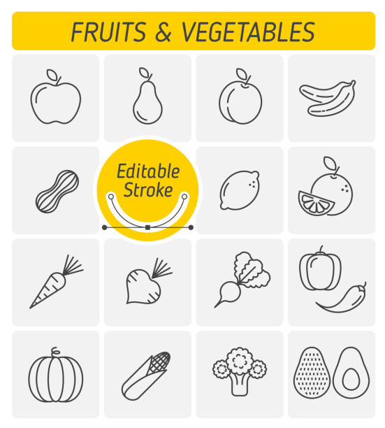 The fruits and vegetables outline vector icon set. The fruits and vegetables outline vector icon set. A veggies, greens, harvest fruitages symbols. Natural, fresh, organic, healthy food and ingestion thin linear vector icons with editable stroke width banana silhouettes stock illustrations