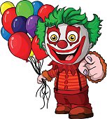 The funny clown holding balloons. Vector illustration on isolated white background.