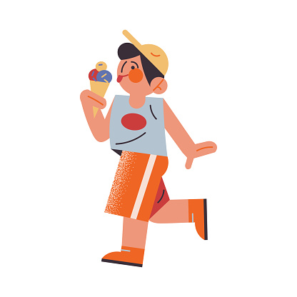 The funny young boy in orange shorts eating ice cream. Vector illustration in the flat cartoon style.