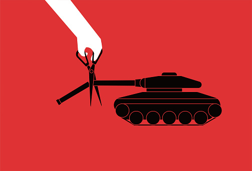 The giant cuts the barrel of the tank with scissors, no war, peace concept illustration.