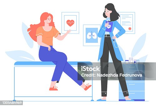 istock The girl at the doctor's appointment. The patient is sitting on a couch in the clinic. Health care, medical examination, diagnosis, disease treatment. Vector flat illustration. 1305484969