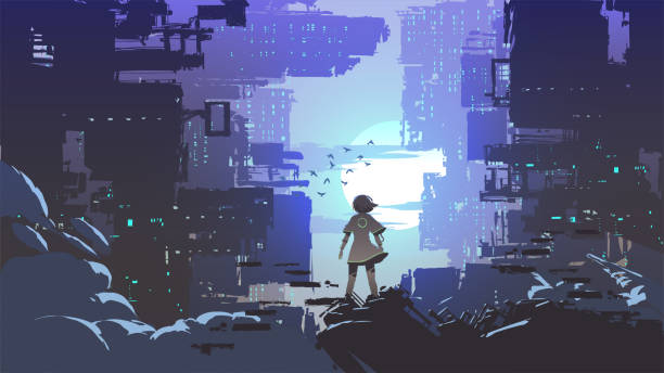 the girl in the cyberpunk city young girl standing and looking at the cyberpunk city, vector illustration cyberpunk stock illustrations