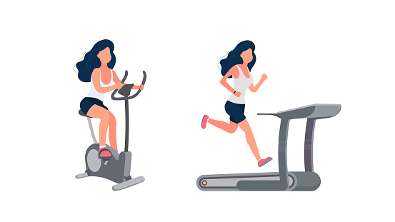 The girl is engaged in a stationary bike. Woman runs on a treadmill. The concept of sport and healthy lifestyle. Isolated. Vector.