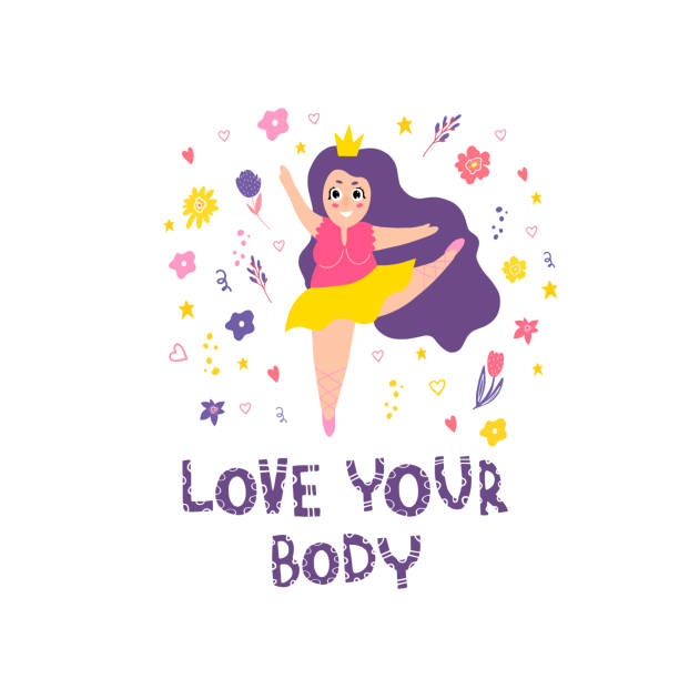 The girl is engaged in ballet. A stylish plump girl is engaged in sports. The girl is engaged in ballet. A stylish plump girl is engaged in sports. Feminism. Doodle style. The body is positive. Cute ballerina for printing on clothes, fabrics. Flat doodle style. Love your body. big fat girl drawing stock illustrations