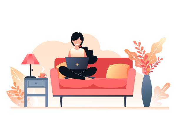 ilustraciones, imágenes clip art, dibujos animados e iconos de stock de la chica está sentada en el sofá y sosteniendo un ordenador portátil. freelance y aprendizaje en casa. habitación interior de otoño. ilustración vectorial - woman on computer