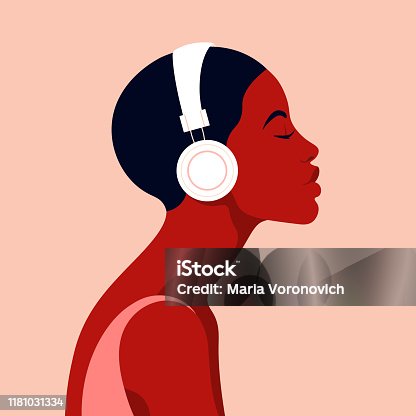 istock The girl listens to music on headphones. Music therapy. Profile of a young African woman. Musician avatar side view. 1181031334