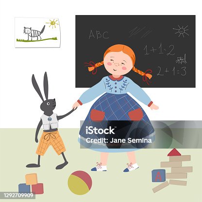 istock The girl plays with a hare to school in the playroom. Girl and her toy in hand drawn style. 1292709909