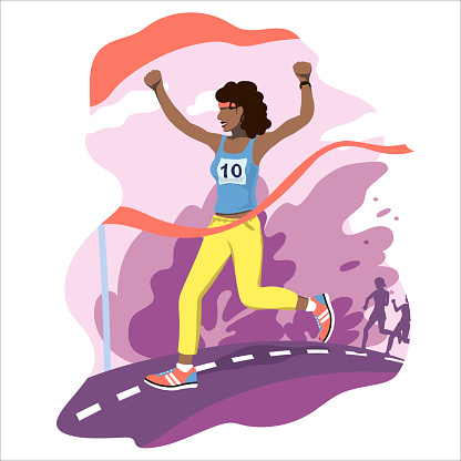 The girl with dark skin wins the race, marathon. Illustration of doing sports in nature and a healthy lifestyle.