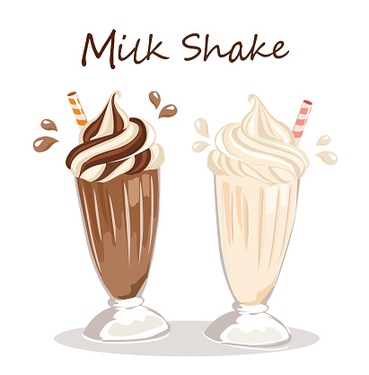 The glasses of various milkshakes (chocolate and vanilla) isolated on white background.