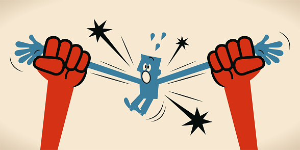 Blue Little Guy Characters Vector Art Illustration. The global competition (war) for talent. Two big hands are pulling the most able employee. To snag the great people. vector