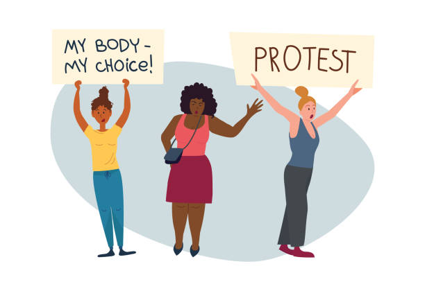 다른 민족 여성들이 항의하고 내 몸을 내 선택과 항의 구호와 함께 플래카드와 현수막을 들고. 격리된 배경에 플랫 벡터 그림입니다. - abortion protest stock illustrations