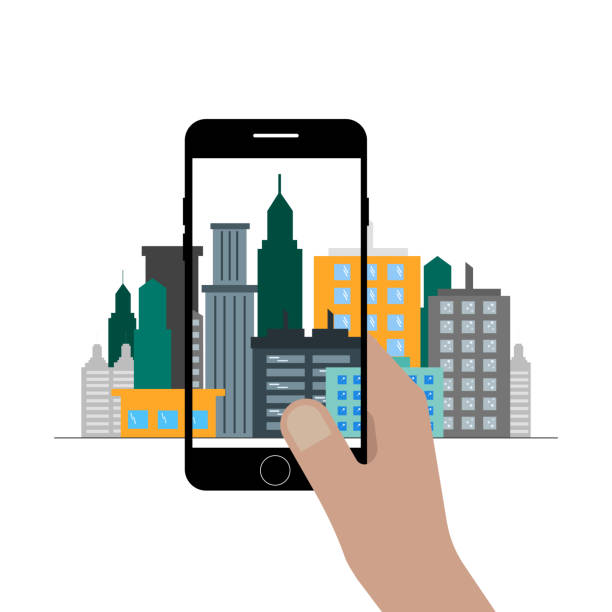 The hand holds the phone, making a photo of the city. Flat vector graphics. The hand holds the phone, making a photo of the city. Flat vector graphics telephone photos stock illustrations