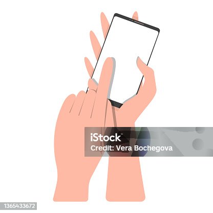 istock The hand presses on the touchscreen of the phone. Front view. Vector illustration, flat cartoon design, isolated on white background, eps 10. Use technology, progress, phone application. 1365433672