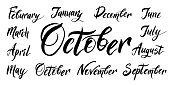 The handwritten names of the months December, January, February, March, April, May, June, July, August, September, October, November in French. Calligraphic words for calendars and organizers.