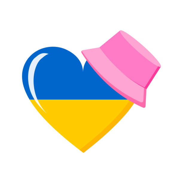 우크라이나의 국기의 색상의 심장은 귀여운 분홍색 파나마로 장식되어 있습니다. 흰색 배경에 고립 된 현대 인기있는 2022 인쇄물. 벡터. - ukraine eurovision stock illustrations