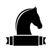 The horse head icon and the flag for the inscription. A symbol of horse meat products, equestrian sports, chess and others. Vector image isolated on a white background for design and web.