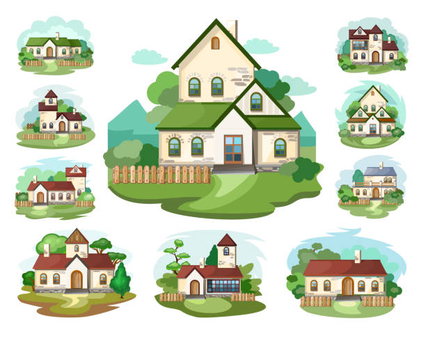 ilustrações de stock, clip art, desenhos animados e ícones de the house set is fabulous, cartoon. village cottage. house in the forest. holiday. cottage, cottage. a cozy house. two-storey house with an attic. for the family. vector illustration. isolated object - family modern house window