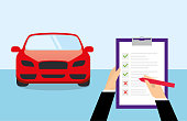 Front view vector of a red sports car. Someone keeping a notebook is writing on the checklist. Vehicle control, maintenance and insurance concept. The background has dark blue and light blue color.