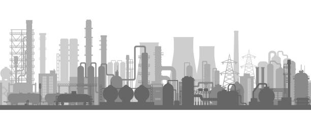 The industrial plant and manufacture building background The industrial plant and manufacture building background. Vector illustration of abstract industry landscape manufacturing silhouettes stock illustrations