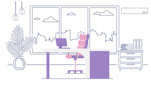 The interior of the office space. Workplace. The interior of the office space. Workplace. Minimalistic environment. Wide window overlooking the city. office backgrounds stock illustrations