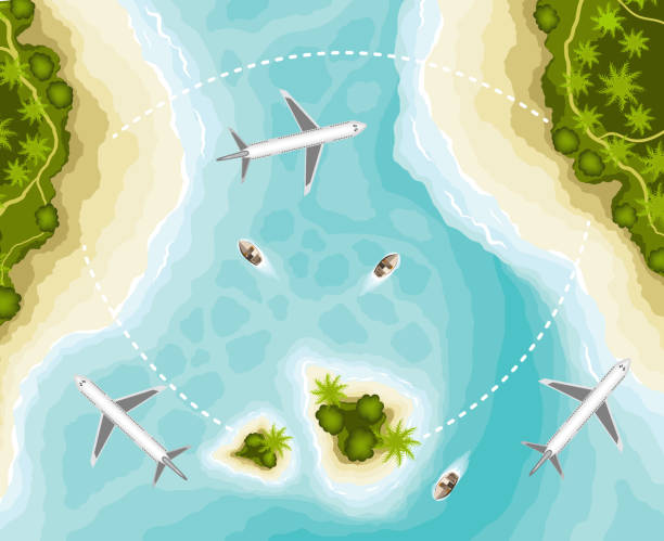 ilustrações de stock, clip art, desenhos animados e ícones de the islands and planes, top view - aerial boat