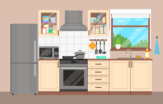 The kitchen interior. Furniture, appliances, dishes and cookware. Flat design.