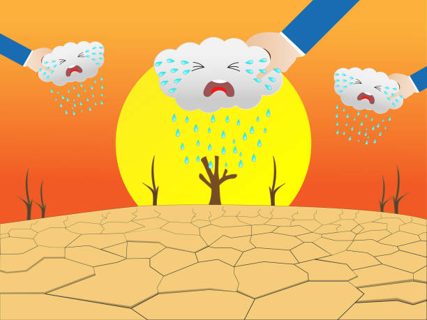 ölmek ağaçların verimli topraklar eksikliği nedenleri ve kuraklık büyük güneş ile topraktır, bulut elini tutuyor ve öyle sallayarak bulutlar yağmur yere verimli yapmak için üretmek - drought stock illustrations