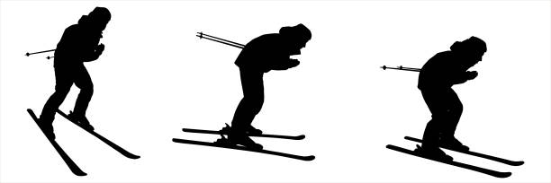 stockillustraties, clipart, cartoons en iconen met the man skier bent down closer to the ground, picking up speed for movement. the skier guy folded his hands with the ski poles closer to the body. winter sports. black silhouette isolated on white. - posing with ski