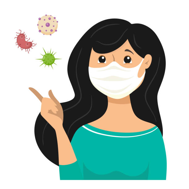 The masked girl, bacteria and viruses fly because the infection is transmitted through the air. Mask for protection against bacteria and viruses. Vector illustration in cartoon flat style The masked girl, bacteria and viruses fly because the infection is transmitted through the air. Mask for protection against bacteria and viruses. Vector illustration in cartoon flat style doctor clipart stock illustrations