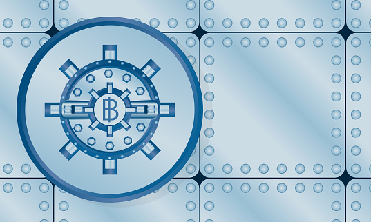 The metallic bank vault door on blue wall background.vault door Flat style business concept. save money and Financial bitcoin or crash cryptocurrency blockchain concept. vector, illustration