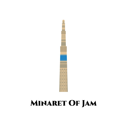 The Minaret of Jam. UNESCO World Heritage Site in western Afghanistan. It is great destination for your trip. Travel to Afghanistan famous landmark, historical building flat vector illustration