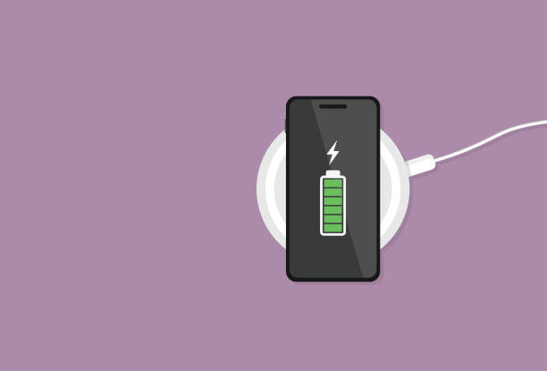 The mobile phone has a full battery on a wireless charger Battery Charger, Wireless charging, Technology, Smartphone, Empty battery battery charger stock illustrations